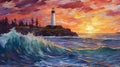 Colorful Impressionist Painting Of Lighthouse At Sunset Over Ocean Royalty Free Stock Photo