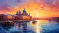 Colorful Impressionist Painting Of A Russian City At Sunset