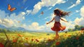 Colorful Impressionistic Landscape With Girl, Butterflies, And Flowers