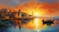 Colorful Impressionistic Venice Scene: Vibrant Uae With Boats And Setting Sun Royalty Free Stock Photo