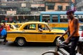 Colorful indian taxi cab stuck in a traffic jam
