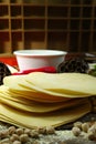 Colorful Indian food - chickpea, papadum and spices on textured