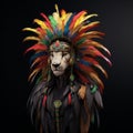 Colorful Indian Lion In Fashion Feathers - Editorial Illustration