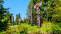 Colorful indigenous Totem Poles in Stanley Park in Royalty Free Stock Photo