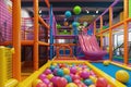 A colorful indoor play area equipped with a slide and ball pit, providing endless entertainment for children, A brightly colored