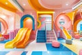 Colorful indoor playground with vibrant slides and rainbow pathways, ideal for children's play and entertainment Royalty Free Stock Photo