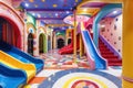 Colorful indoor playground with vibrant slides and rainbow pathways, ideal for children's play and entertainment Royalty Free Stock Photo