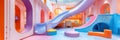 Colorful indoor playground with vibrant slides and rainbow pathways, ideal for children's play and entertainment Royalty Free Stock Photo