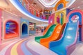 Colorful indoor playground with vibrant slides and rainbow pathways, ideal for children's play and entertainment Royalty Free Stock Photo