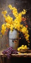 Colorful Industrial Paintings: Vibrant Yellow Flowers In A Decorative Vase