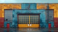 Colorful industrial warehouse exterior with large windows