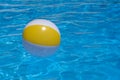 Colorful inflatable beach ball floating in swimming pool on background of blue water. Copy space Royalty Free Stock Photo