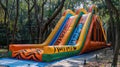 Colorful inflatable water slide in a forested park. Royalty Free Stock Photo