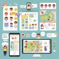 Colorful infographic featuring cartoon emojis and characters on a digital interface. Royalty Free Stock Photo