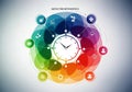 Colorful infographic featuring a central clock with black hands, surrounded by a circular arrangemen Royalty Free Stock Photo