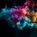 Colorful ink drops in water. Shiny glowing sparkling cloud smoke. Abstract orange, blue, cyan, pink, red, purple art paint Royalty Free Stock Photo