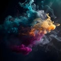 Colorful ink drops in water. Shiny glowing sparkling cloud smoke. Abstract orange, blue, cyan, pink, red, purple art paint Royalty Free Stock Photo