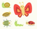 Colorful insects icons isolated wildlife wing detail summer worm caterpillar bugs wild vector illustration. Royalty Free Stock Photo