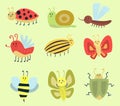 Colorful insects icons isolated wildlife wing detail summer worm caterpillar bugs wild vector illustration. Royalty Free Stock Photo