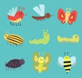 Colorful insects icons isolated wildlife wing detail summer worm caterpillar bugs wild vector illustration. Royalty Free Stock Photo