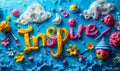 Colorful Inspire word in 3D surrounded by creative art supplies on a blue background, symbolizing creativity, artistry, and