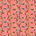 Colorful interconnected circles in a seamless pattern tile over textured pink background