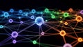 Represent a neural network. Spherical nodes glow in various colors linked Royalty Free Stock Photo
