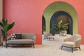 Colorful interior with archs, sofa, armchairs, terrazzo floor and plants.