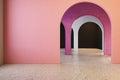 Colorful interior with archs and terrazzo floor.