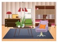 Colorful interior of living room furnished in old fashioned style. Retro furnishings and decor - swivel armchair, coffee