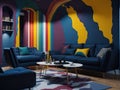 Colorful interior with rainbow painted wall. ai generative