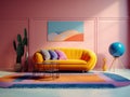 Colorful interior with sofa. Cozy room with comfortable couch and pillows. Generated AI.