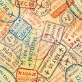 Colorful International travel visa rubber stamps imprints on old paper, seamless pattern