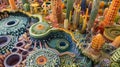 A colorful intricate depiction of bacterial colonies with varying levels and structures reminiscent of a modern day city