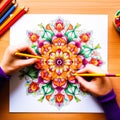 Colorful and intricate mandala illustration for relaxation and stress relief in coloring book
