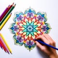Colorful and intricate mandala illustration for relaxation and stress relief for coloring books