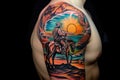 a colorful and intricate tattoo design featuring a cowboy, his horse, and the sunset Royalty Free Stock Photo