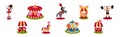 Colorful ircus Objects with Woman Acrobat, Horse, Strongman, Hot Dog Stall, Ice Cream and Carousel Vector Set