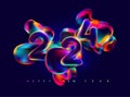 New year 2024. Iridescent colorful calendar date on dark fluid background.