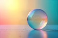 Colorful iridescent soap bubble rests on multicolored background. Abstract art piece play of light, colors. Smooth sphere