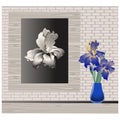 Colorful iris flowers bouquet in vase and monochrome flower picture.