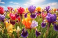 Colorful irises blooming in a meadow on a sunny day Royalty Free Stock Photo