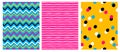 Simple Geometric Vector Patterns with Stripes, Dots and Chervron on a Pink, Blue and Yellow Background. Royalty Free Stock Photo