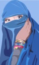Colorful of an islamic arabic woman wearing a blue burka and bohemian bracelets. Girl with beautiful eyes covering her face