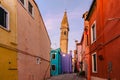 Colorful island of Burano,Venice landmark,Italy.Most colorful place in world with leaning bell tower,canals,small houses.