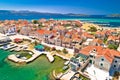 Colorful Island of Krapanj aerial panoramic view, sea sponge harvesting village