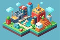 A colorful isometric design features vibrant buildings, trees, and a central lake with floating structures, Prioritise Royalty Free Stock Photo