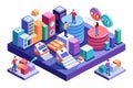 A colorful isometric illustration showcases people analyzing data trends within a modern cityscape, Customizable Isometric Royalty Free Stock Photo