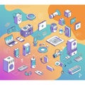 A colorful isometric illustration showcasing various interconnected smart devices and Royalty Free Stock Photo