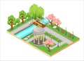 Colorful isometric three-dimensional illustration of oriental garden design with alley and bridge.